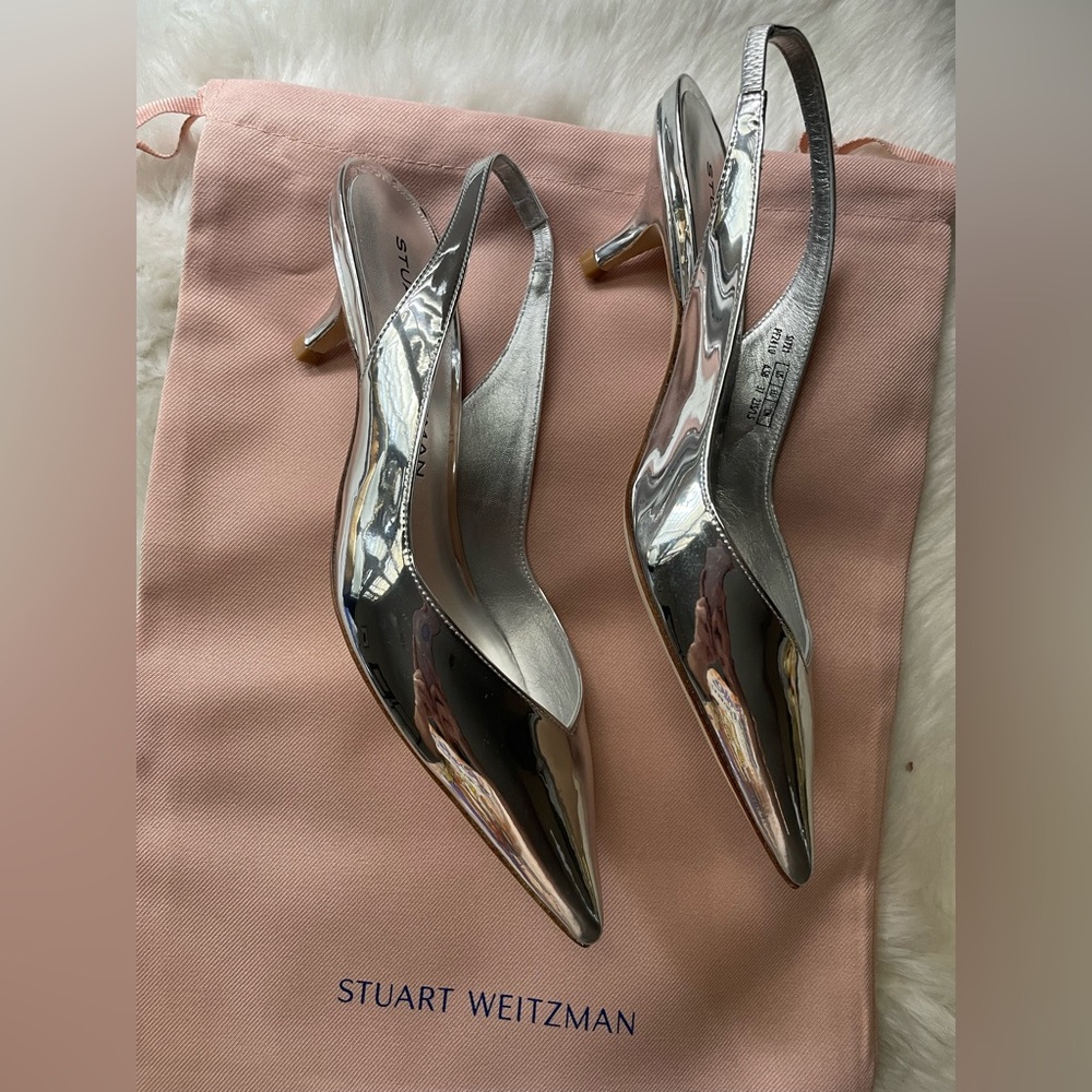 New! Stuart Weitzman Silver Slingback Heels - Picture 2 of 9